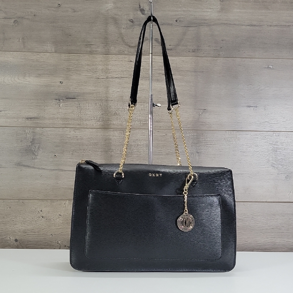 DKNY Black Textured Leather Shoulder Bag with Gold Chain Straps